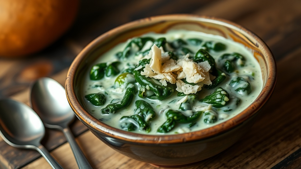 Deliciously Rich Creamed Spinach Recipe A bowl of rich creamed spinach, garnished with Parmesan cheese, on a wooden table.